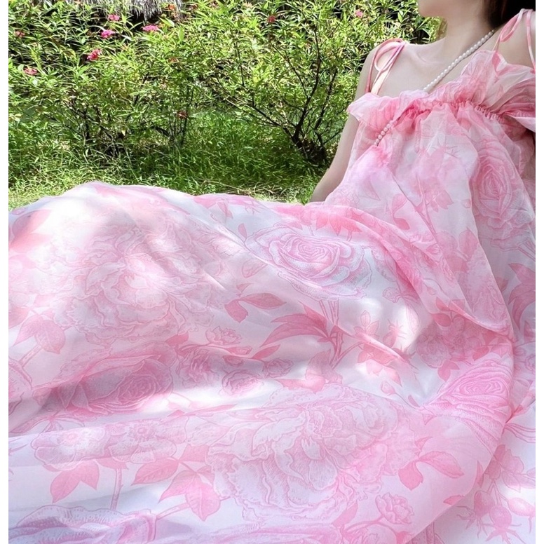 Đầm voan tơ suông bèo 2 dây hoạ tiết Hồng Vàng váy đi chơi du lịch Đà Lạt đi biển dễ thương hotgirl tk bầu bí bon chen