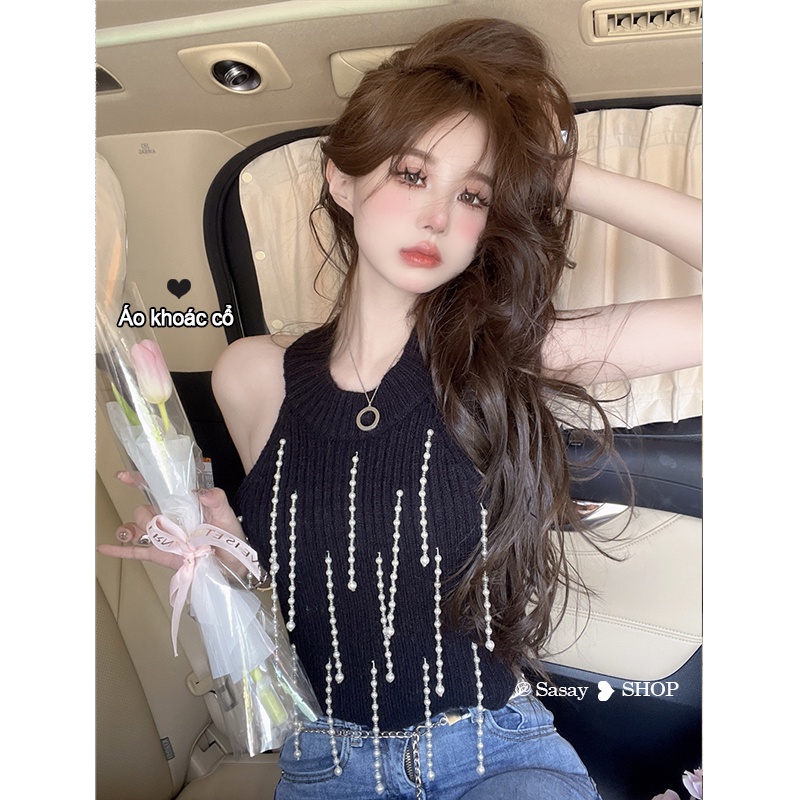 QADCOL Áo Dệt Kim Sát Nách Phối Dây Xích Đính Hạt Ngọc Trai Thời Trang Xuân Hè Cho Nữ