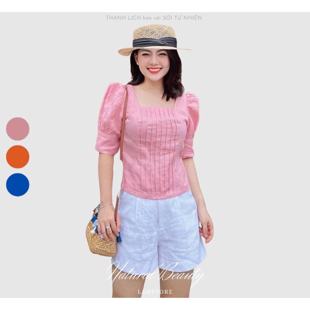 (TỔNG KHO LÂM ANH CHUYÊN SỈ) Đồ bộ nữ Linen Hàn - Áo kiểu xếp ly quần short xắn gấu AKNL03 (Hồng Phấn)