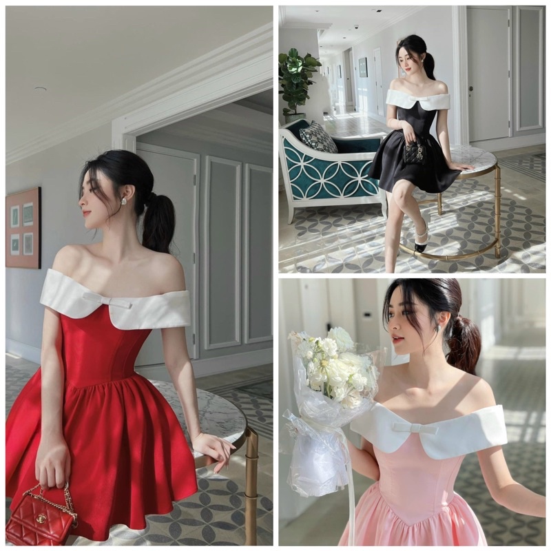 Đầm xoè trễ vai cổ phối màu hồng đỏ đen Mixiz House