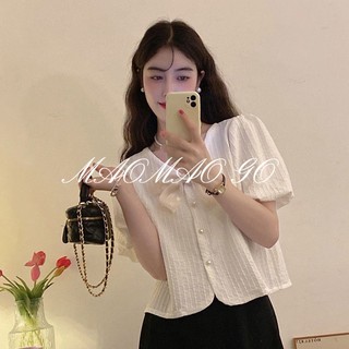   Áo Sơ Mi Ngắn Tay Phồng Đính Nơ Cổ V Thời Trang Hàn Quốc Cho Nữ