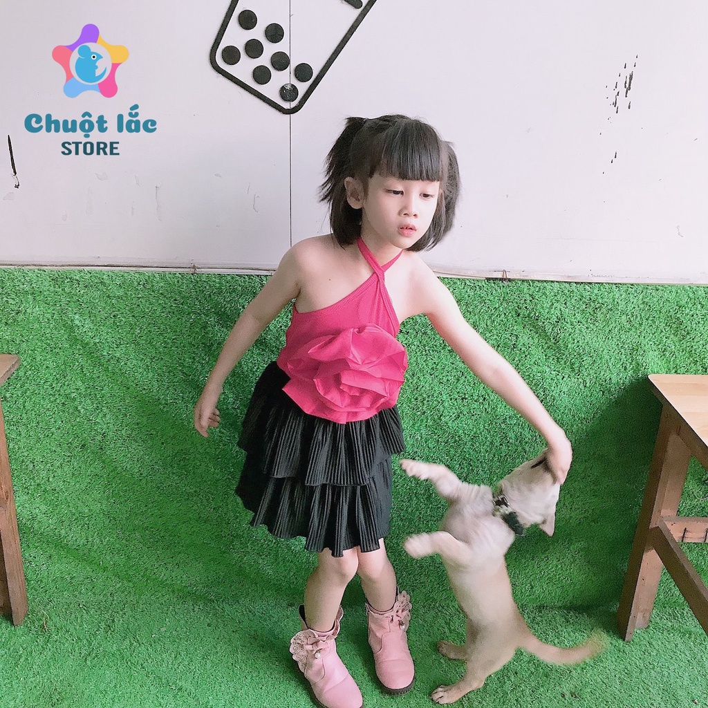 Sét váy bé gái kiểu yếm hoa hồng chân váy dập li 2 tầng 8kg đến 20kg