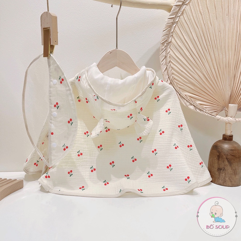 Áo choàng xô muslin tránh gió, tránh nắng kèm mũ chắn giọt bắn mềm mại cho bé