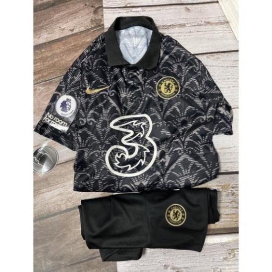 Bộ quần áo thể thao bóng đá nam nữ vải gai thái clb chelsea áo đen 3D hoa văn quần đen 2022 223