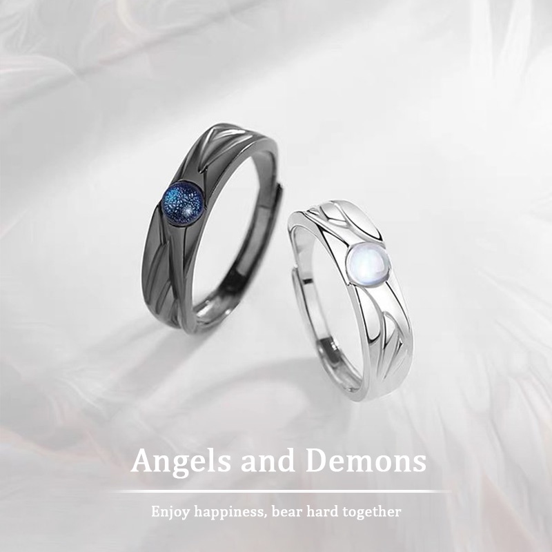 🍓Raspberry🍓 Nhẫn Cặp Đính Đá Mặt Trăng Đen Trắng Cổ Điển kilii Angel and Demon Cho Cặp Đôi