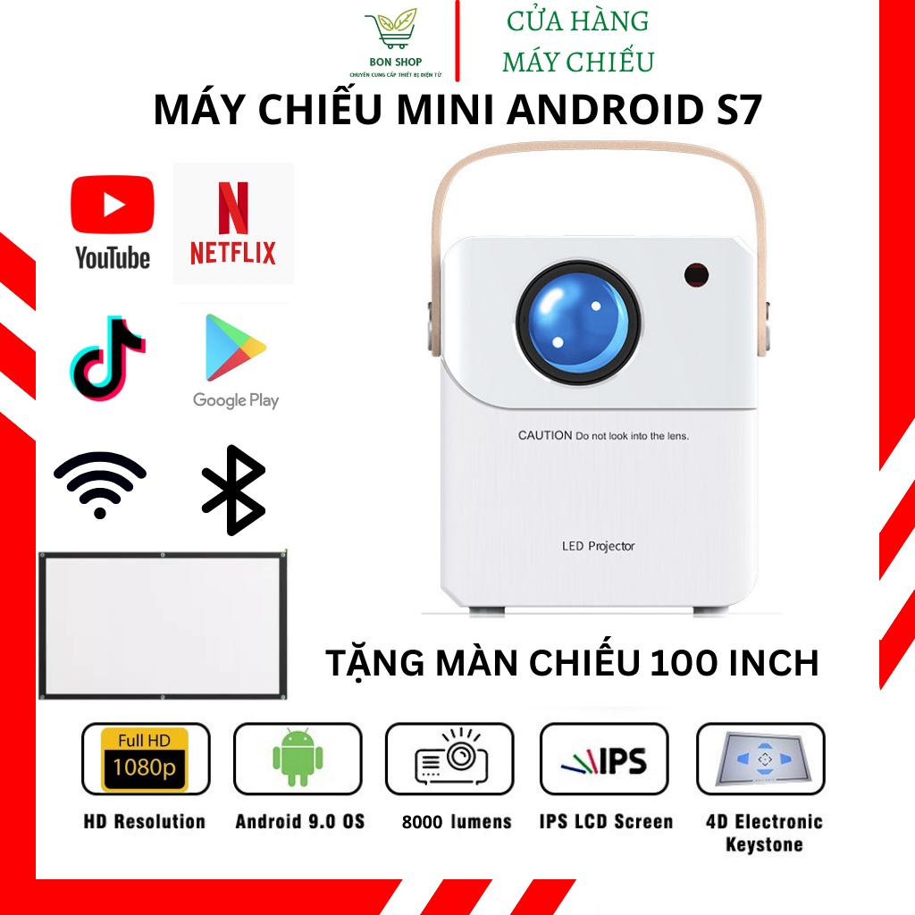 Máy chiếu mini S7, máy chiếu Android 9.0 FullHD1080P kết nối không dây qua wifi - Tặng màn hinh chiếu 100 inch - SET2365