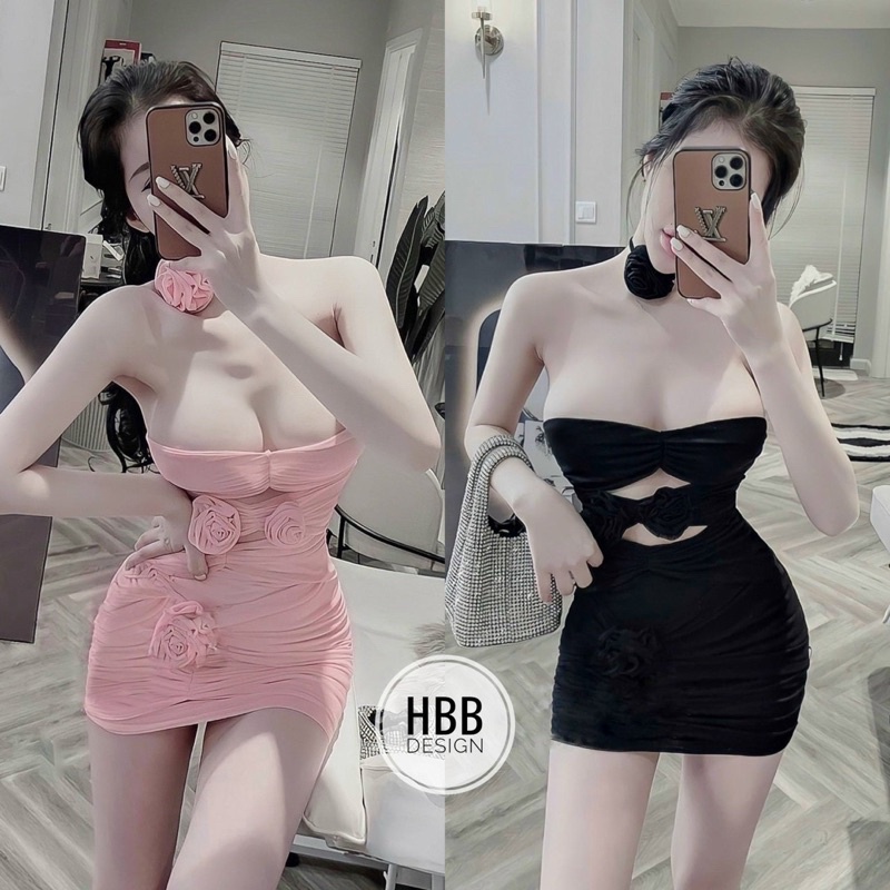 Đầm Ống Đính Hoa Khoét Hở Ngực Eo Kèm Dây Cổ Tag Hoa - Dáng Ngắn Form Ôm Body Sexy - Tiểu Thư Bánh Bèo Cute Sang Chảnh