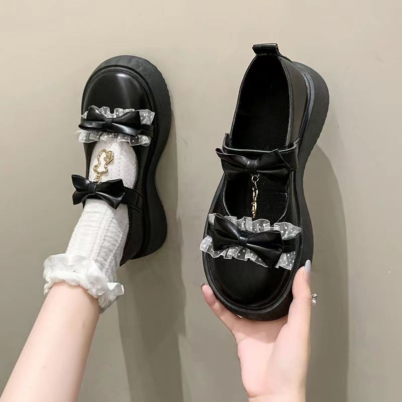 Giày Nữ Lolita Nơ Bách Hợp Giày Da Đế Dày