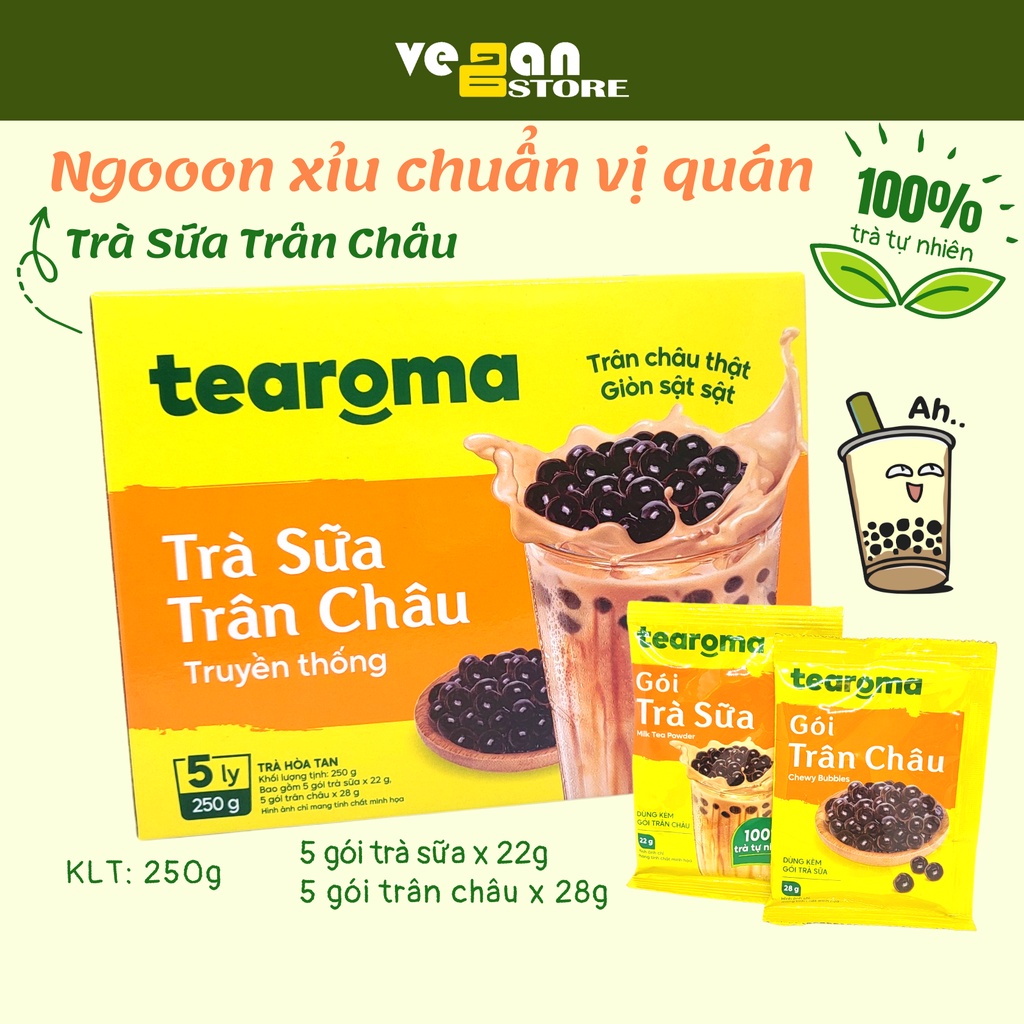 Trà sữa trân châu Tearoma vị truyền thống hộp 5ly/ 250g, 5 gói trà sữa x 22g, 5 gói trân châu x 28g VeGan Store