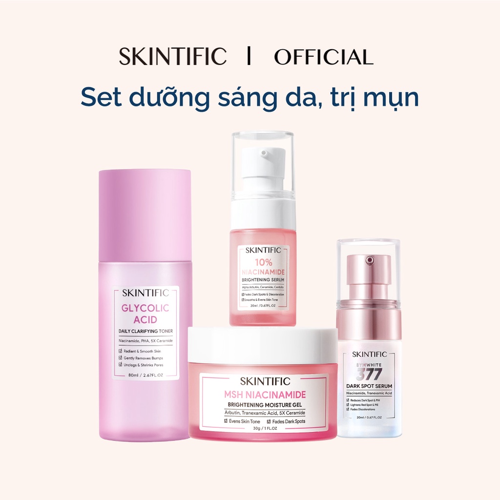 Combo sáng da SKINTIFIC gồm Toner 80ml + Serum Niacinamide 20ml + Serum SymWhite 377 20ml + Kem dưỡng sáng da 30g