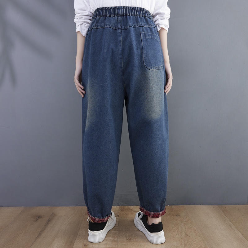 Quần jean bigsize dáng suông rộng cạp chun gập gấu trẻ trung