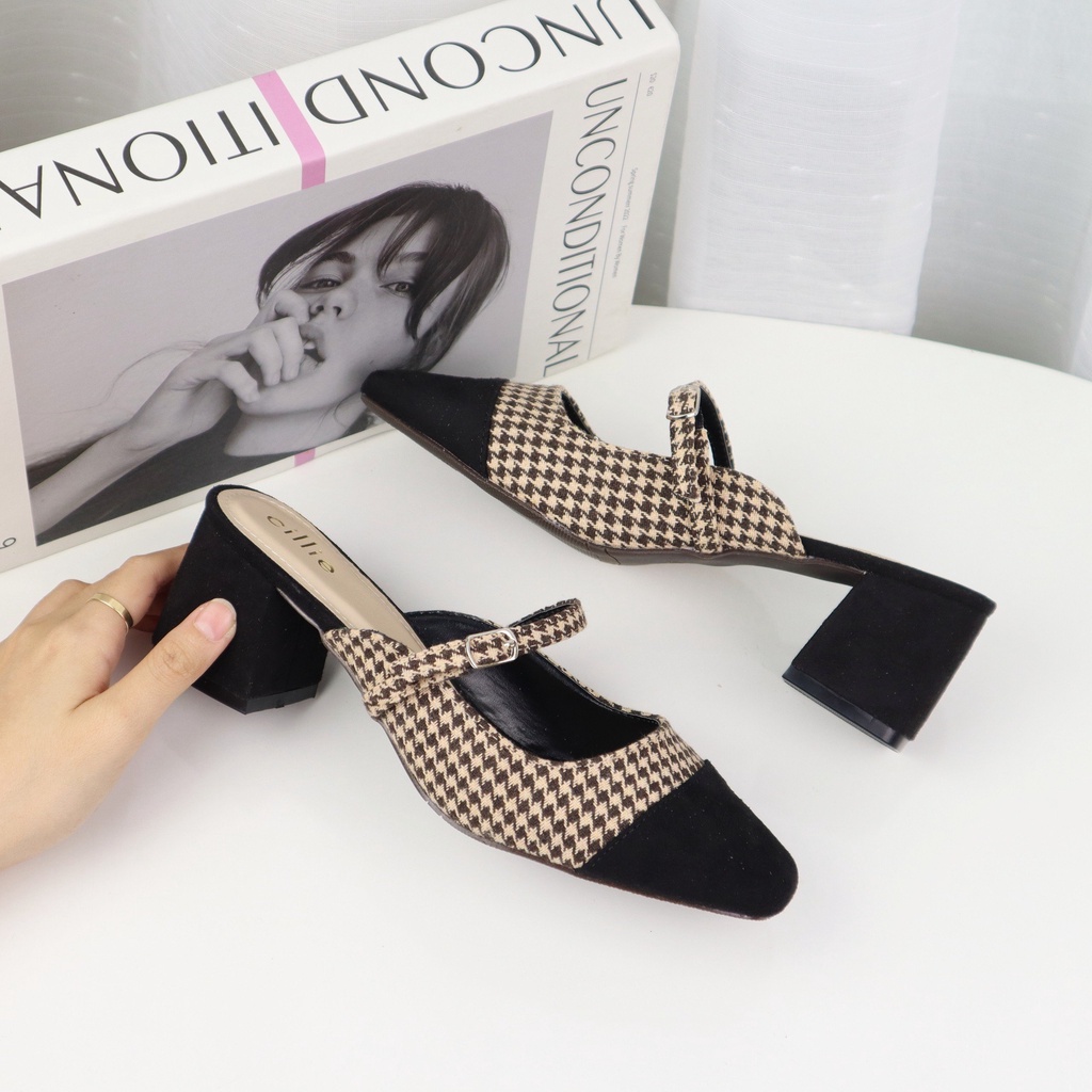 Dép sục cao gót Cillie nữ thời trang phối màu vintage retro quai ngang tiểu thư điệu đà gót vuông cao 5cm 1155
