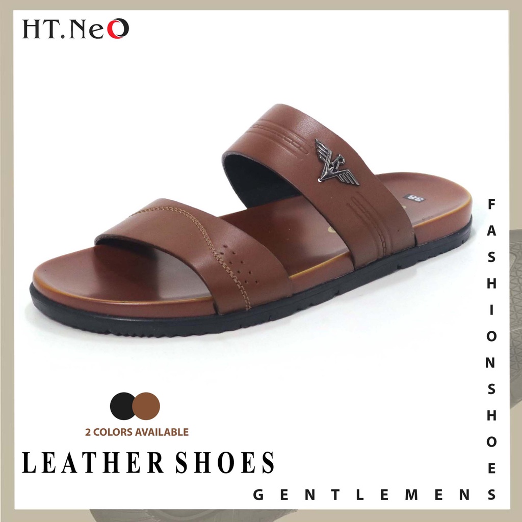 Sandal nam da bò HT.NeO , Dép quai hậu nam đế bệt 2 quai song song da bò thật đế cao su đúc êm mềm phong cách tiện lợi