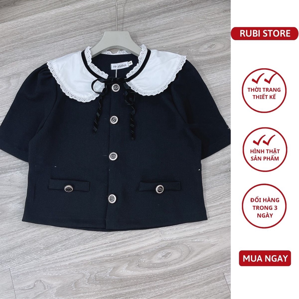 V303 - Áo thiết kế RUBI STORE dáng croptop cổ sen bèo phối nơ tiểu thư chất vài tuyết mưa dày dặn