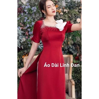 Áo dài lụa tây thi kết ngọc cao cấp cổ vuông - Áo Dài Linh Đan
