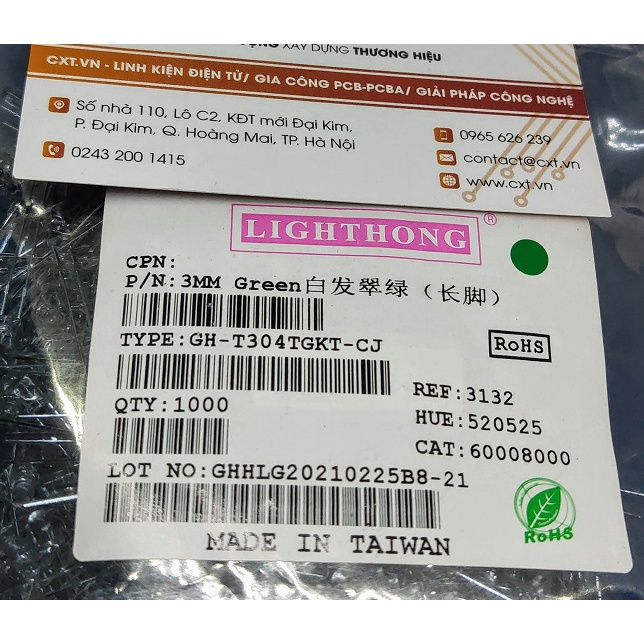 LED 3mm trắng trong suốt - sáng xanh lá (gói 10 chiếc)