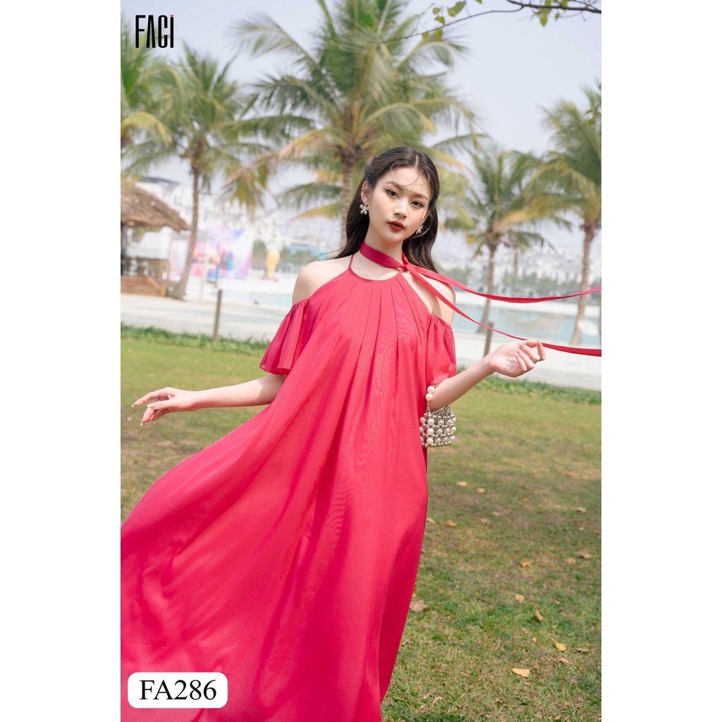 Đầm maxi nữ FACI Amanda dáng dài, tay trễ kèm dây nơ màu hồng sen , tơ ý sang chảnh mềm mại FA286