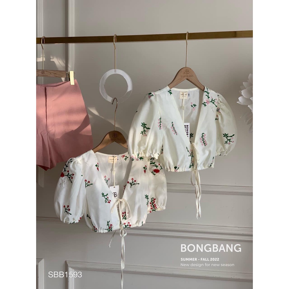 Áo Croptop Hoa Thêu, Áo Kiểu Nử Cổ V Tay Phồng Thời Trang Mùa Hè 2023 Phong Cách Trẻ Trung Cho Nữ.