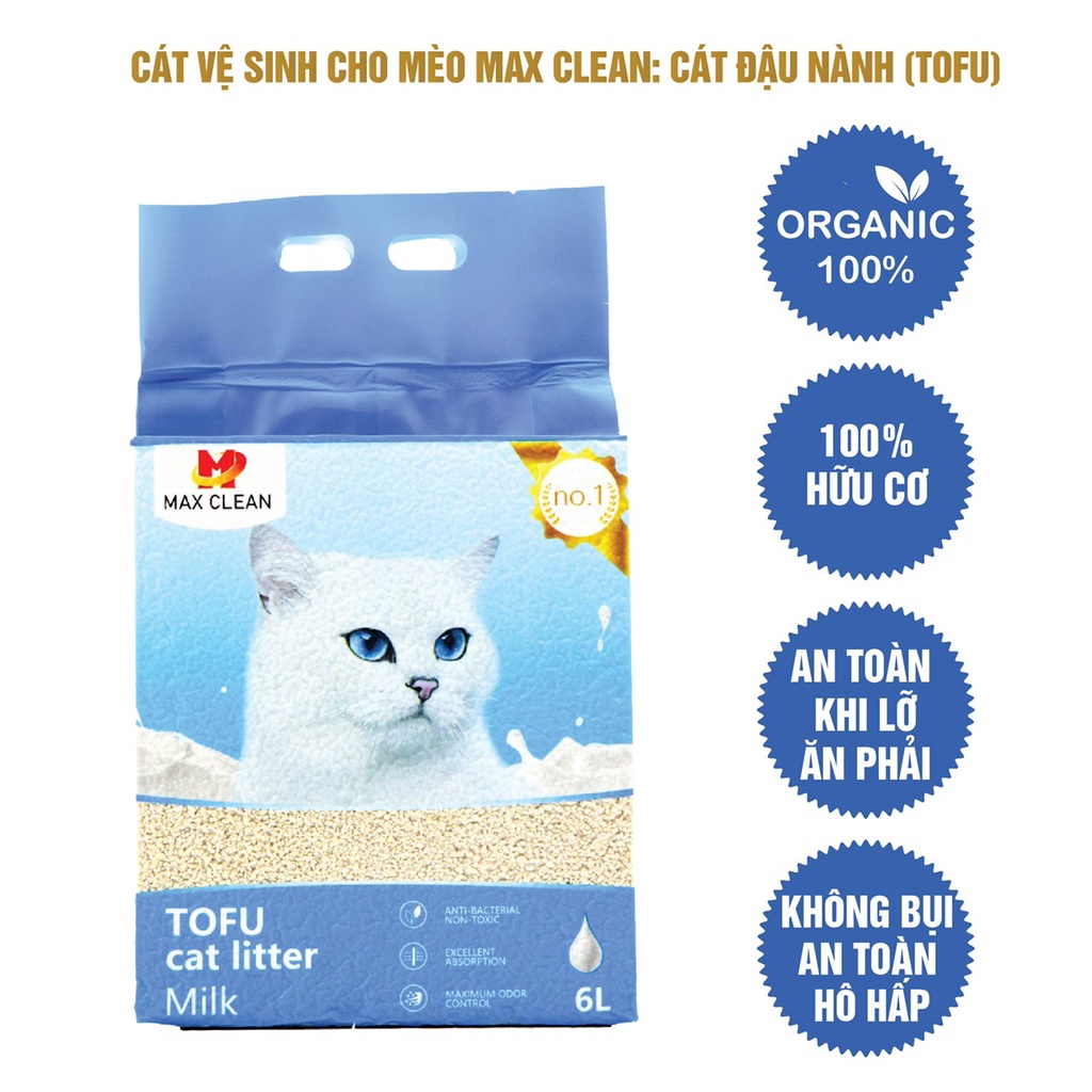 Cát vệ sinh cho mèo Max Clean, Cát đậu nành vón tốt, không bụi, khử mùi tốt, 2,5 kg 6 lít - Max Clean