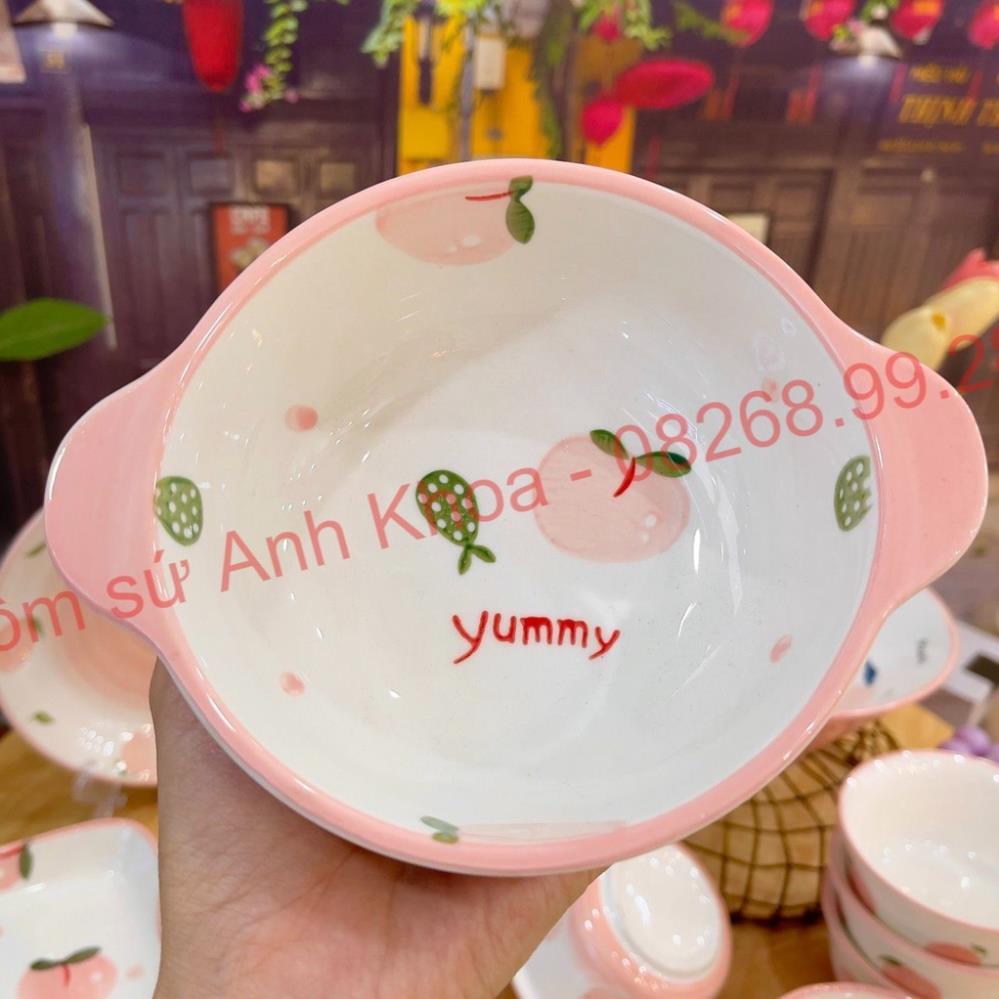 Siêu Sale - Bát Đĩa Gốm Sứ Decor, Bát Ăn Cơm, Bát Ăn Chè, Chén Dĩa Dễ Thương Bộ Đào Hồng 14 Món Xinh Yêu Cho Gia Đình