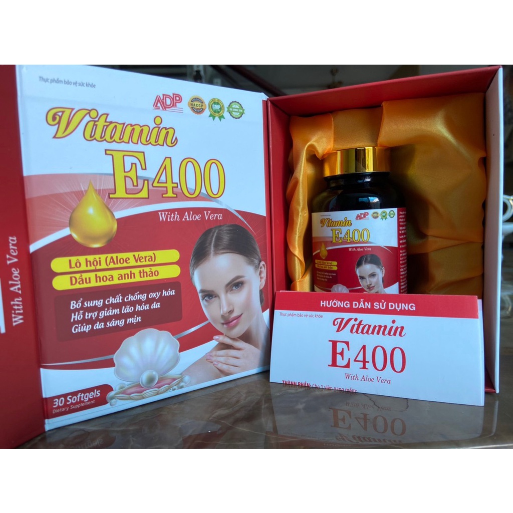 Vitamin E400 with Aloe Vera chiết xuất lô hội, tinh dầu hoa anh thảo, giúp da sáng mịn, giảm lão hóa da - Hộp 30 viên