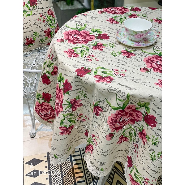 MẪU Khăn trải bàn tròn thảm vải pinic, gối tựa vải linen mang phong cách vintage, cổ điển