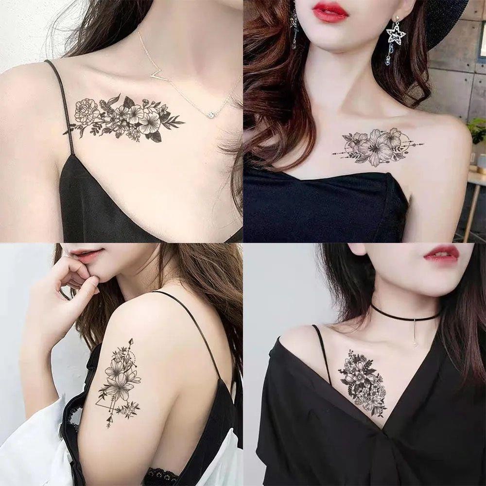 Mới nhất nữ dán hình xăm không thấm nước bền mô phỏng hoa gợi cảm đường đen đậm xương đòn hoa cánh tay