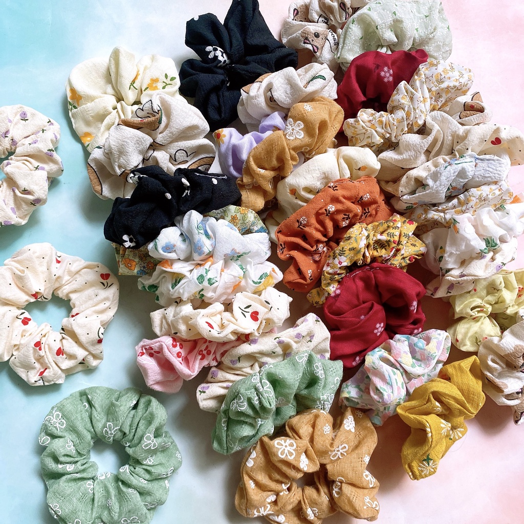 Set 5 dây cột tóc vải scrunchies vải hoa lụa đẹp mềm nhiều mẫu TIMSTORE phụ kiện buộc tóc phong cách vintage hàn