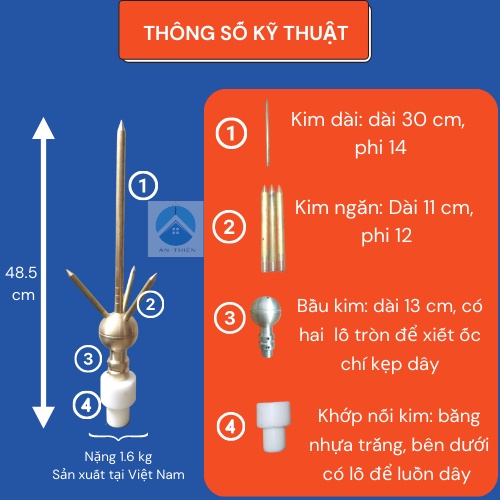 Kim chống sét bằng đồng model AT - 020, Kim thu bằng đồng