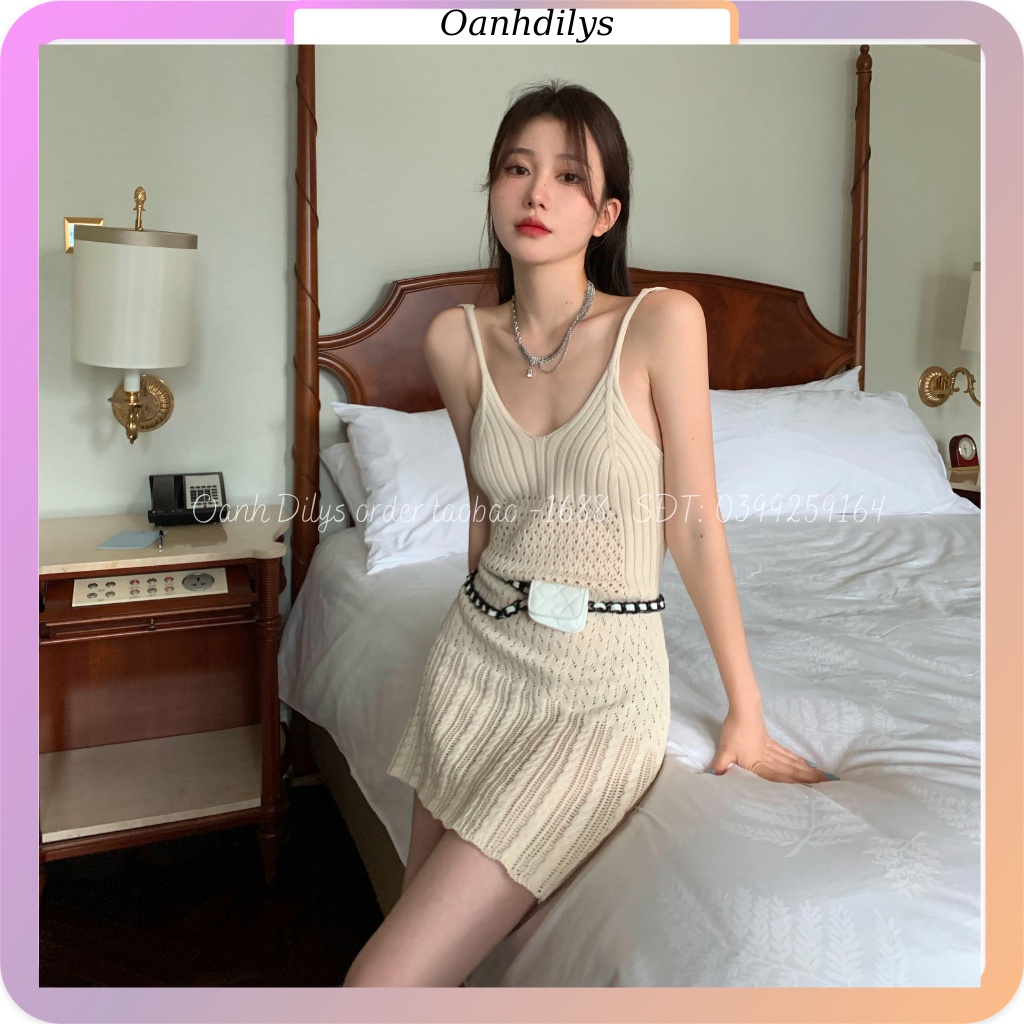 Váy hai dây len đan, đầm 2 dây nữ dệt kim màu be năng đông hàng hotttrend order Taobao nhà Oanhdilys