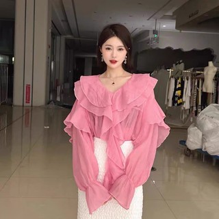 Áo sơ mi cổ v viền bèo tay dài bo chun cổ tay