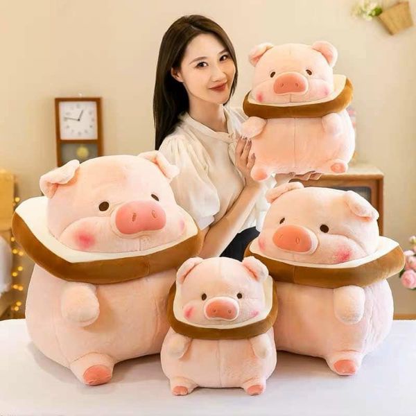 Gấu bông heo Lulu đội bánh mì màu hồng dễ thương, Heo Bông ú đáng yêu cute