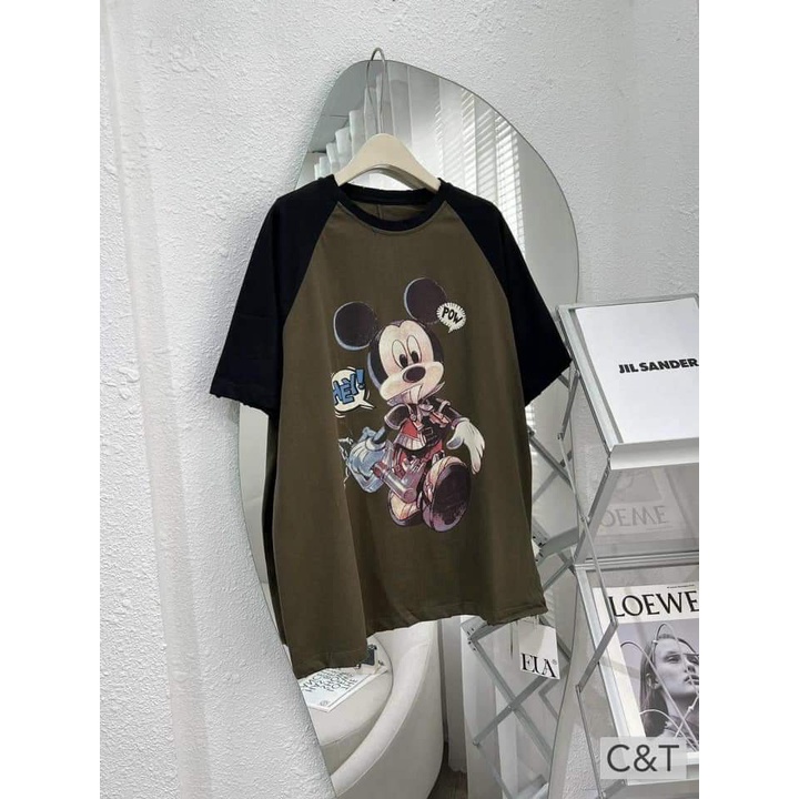Áo phông thun form rộng unisex 3158 mặc đôi chất cotton hình mickey phối tay