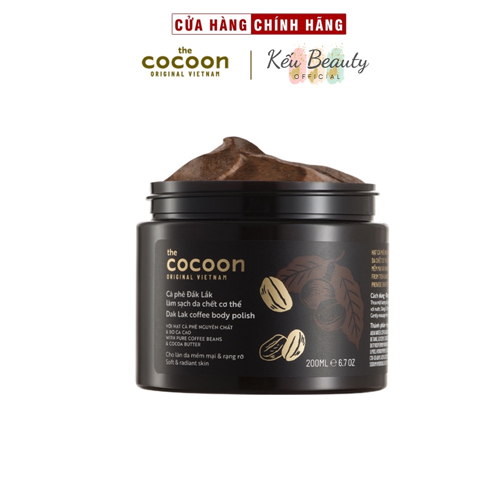 Tẩy tế bào chết body Cocoon Cà phê Đắk Lắk với hạt nguyên chất và bơ ca cao tẩy da chết làm sạch cơ thể 200ml