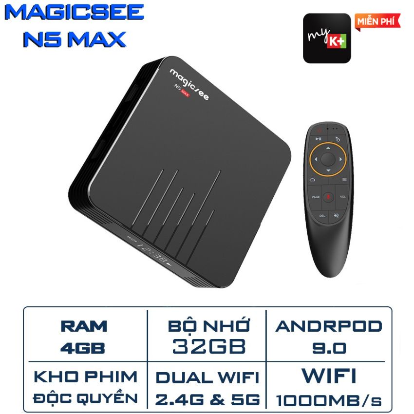 Android Tivi Box Magicsee N5 Max phiên bản 2021 - Ram 4GB, Rom 32Gb, Android 9.0 ( Có Bản ATV) - Điều khiển giọng nói