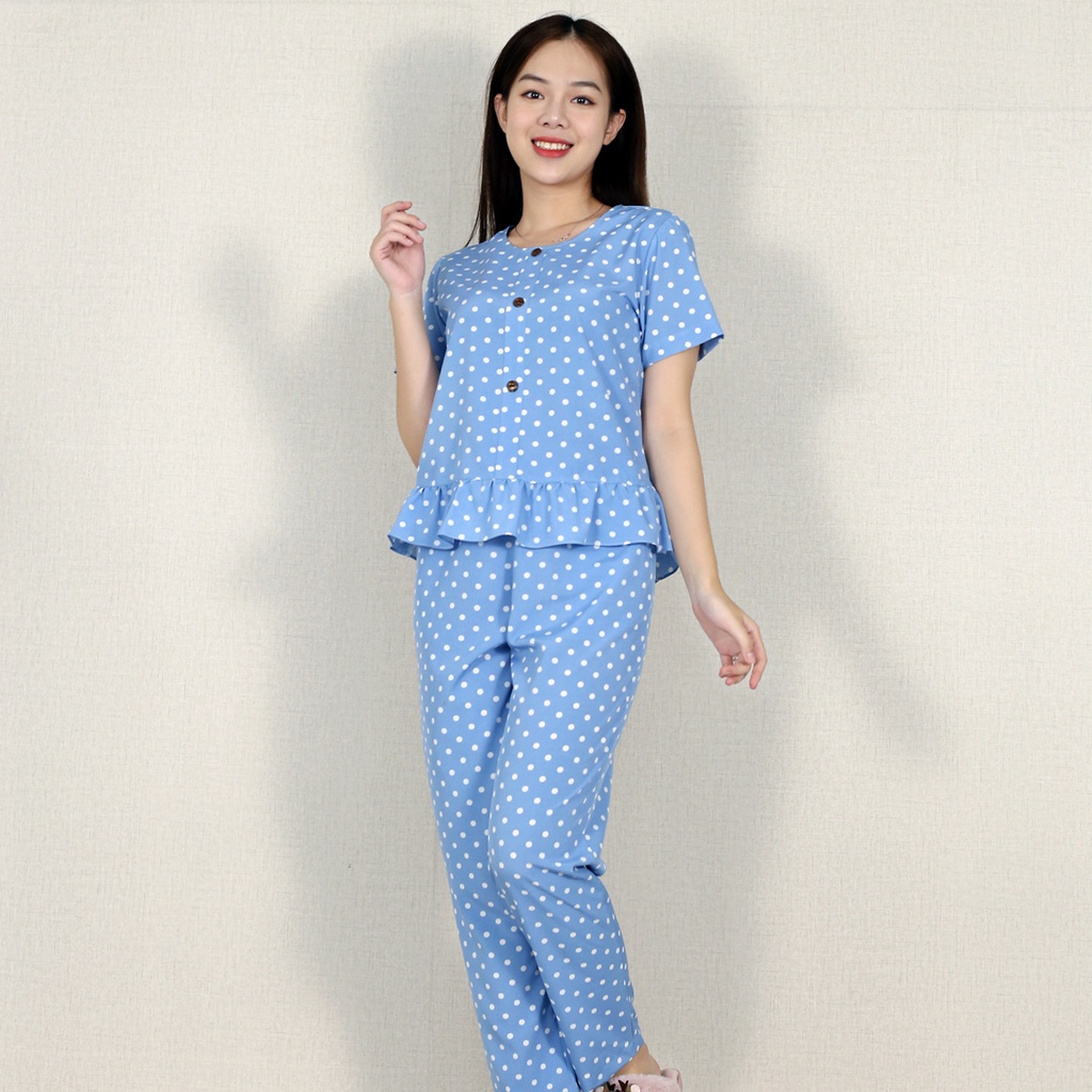 Bộ đồ nữ NKK chất lụa cao cấp áo cộc tay quần dài lai bèo XANH CHẤM BI - Dịu dàng - Nhẹ nhàng