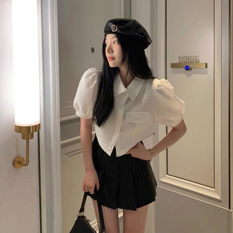 Áo SơMi Thiết Kế Croptop Dây Rút 2 Bên Phối Nắp Túi Giả Xinh Xắn Vải Gấm Dập Nổi B1003