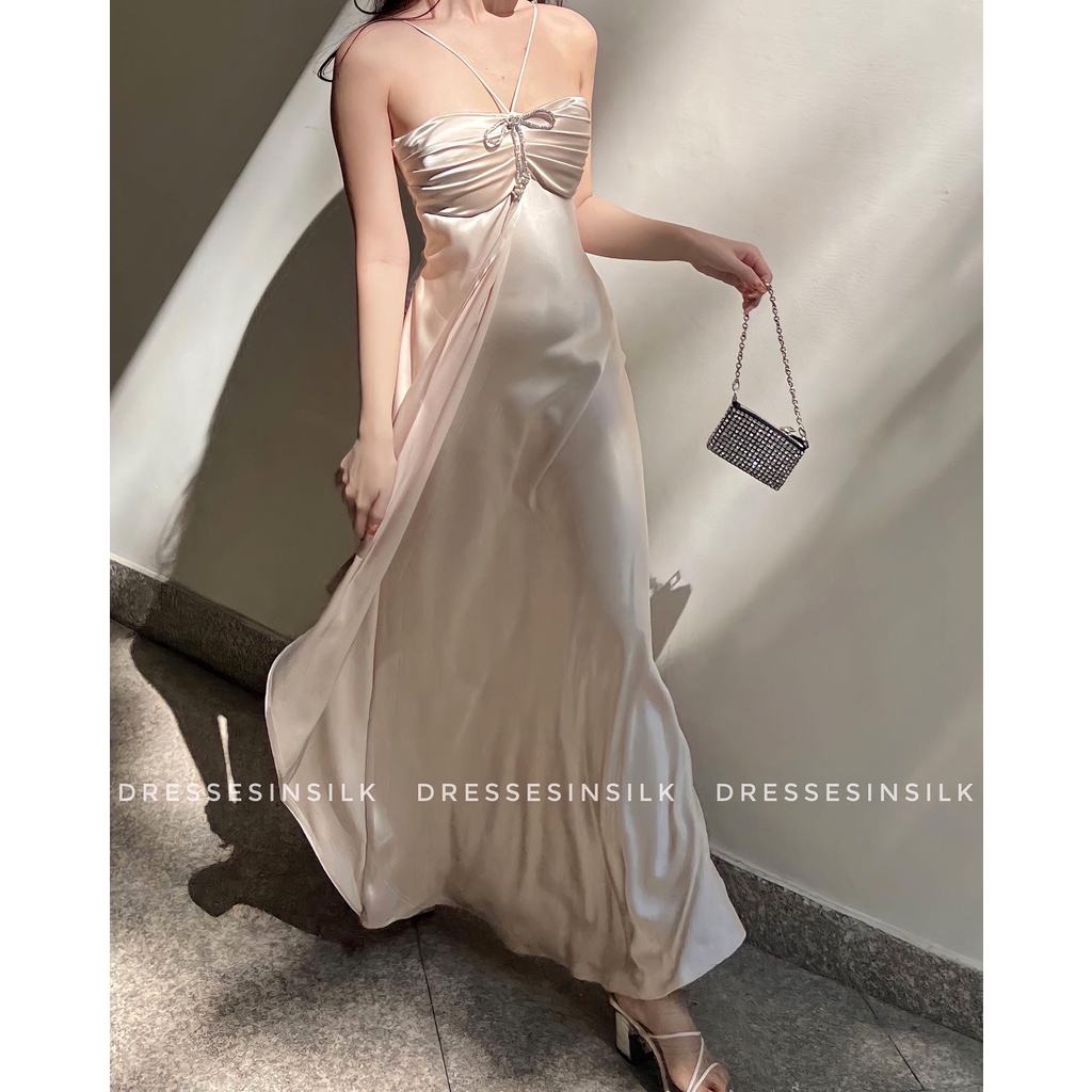 Đầm Lụa Nơ Đá Có Mút