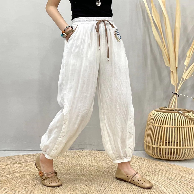 Quần baggy linen KAMAKA lưng thun thêu hoa hoa lá ống túm - NU8455