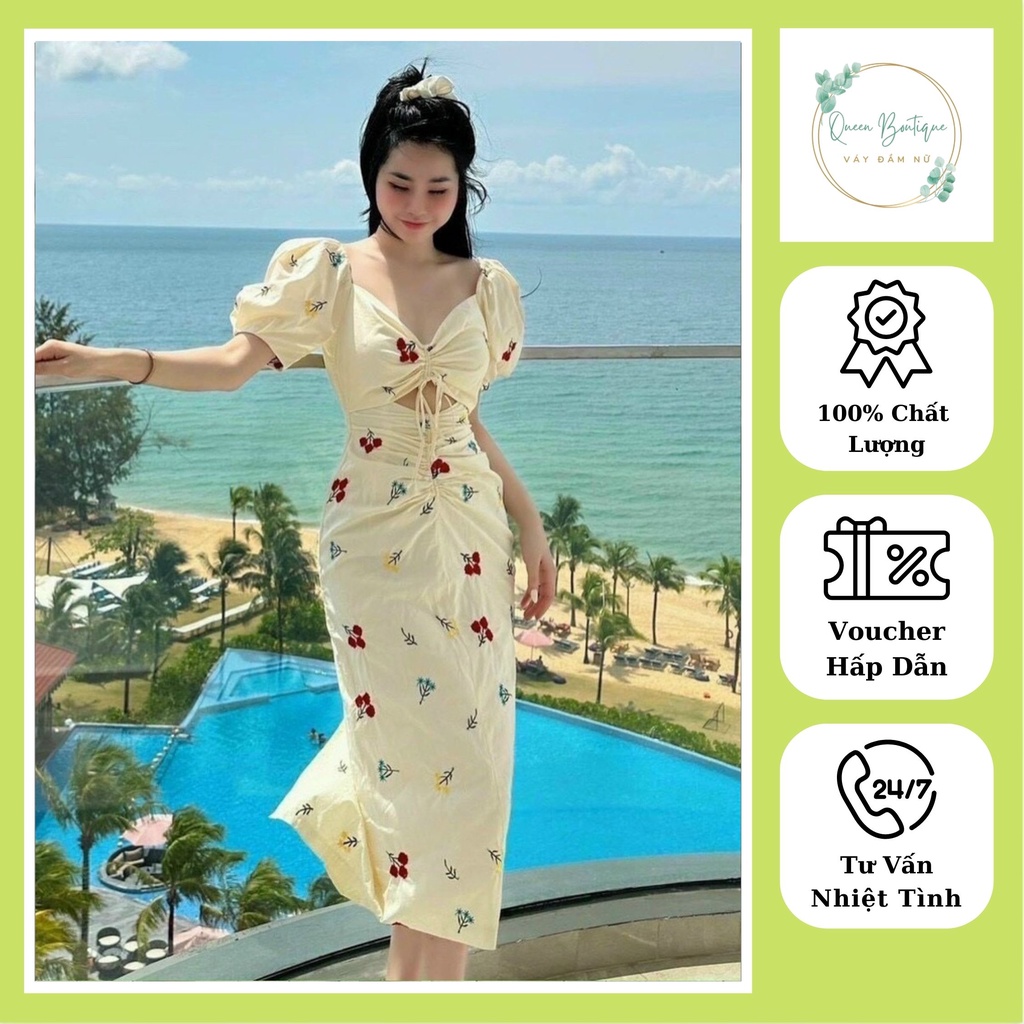 Váy Hoa Thêu Rút Dây Ngực, Đầm Maxi Tay Bồng Hàng Thiết Kế 2 Lớp Đủ Size, Dạo Phố, Đi Chơi Đều Hợp.