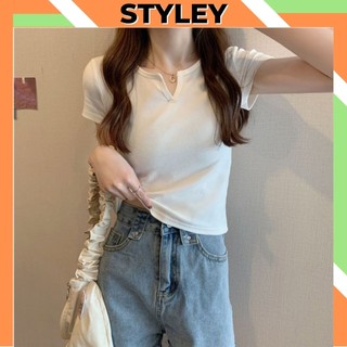 Áo thun nữ tay ngắn cổ chữ V cá tính và gợi cảm, Áo phông nữ ôm body phong cách croptop đẹp dễ thương STYLEY T001