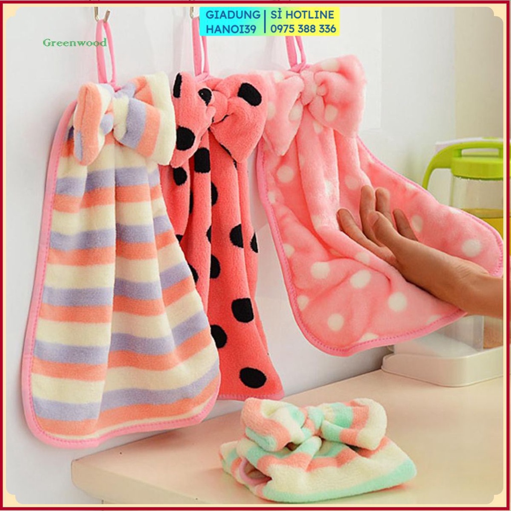 Khăn lau tay nhà bếp treo tường đa năng chất vải cotton bông san hô 100% mềm siêu thấm hút size lớn có gắn nơ cao cấp