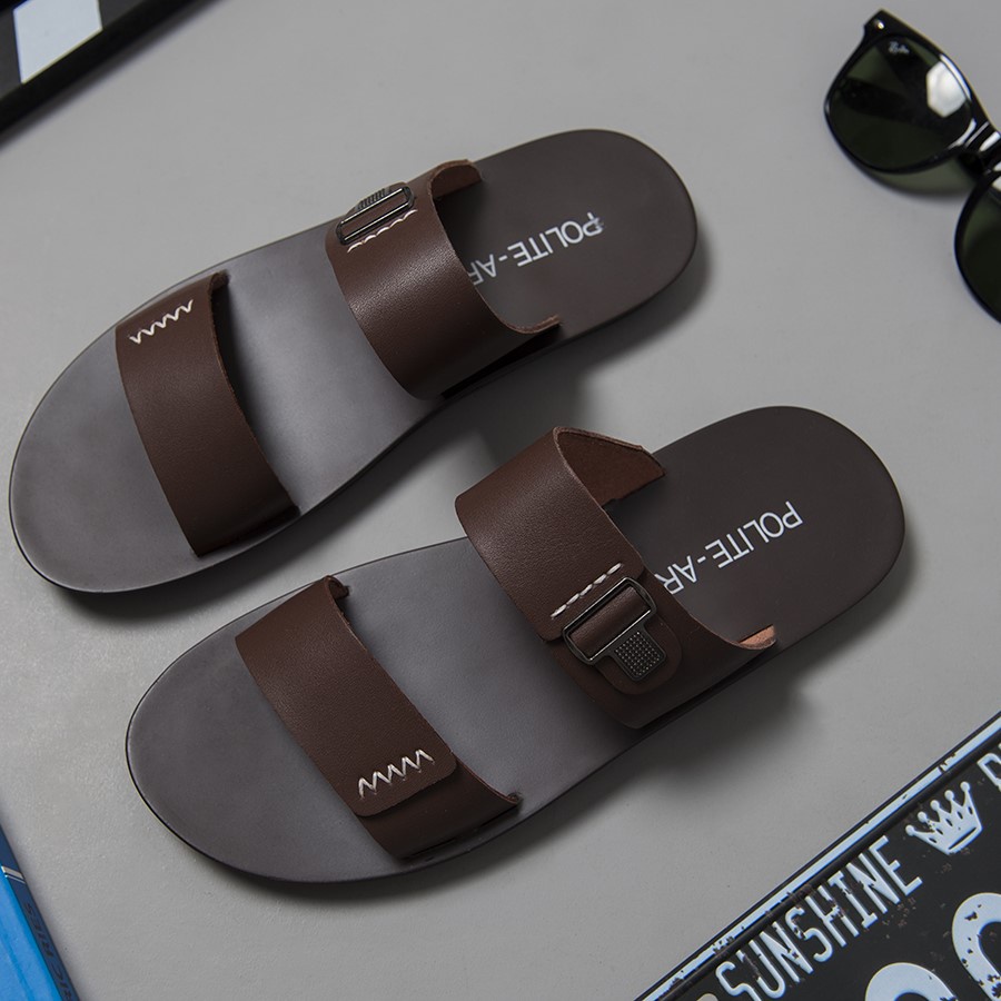 Dép nam quai ngang Polite - art da bò cao cấp 2 màu - BH 12 Tháng