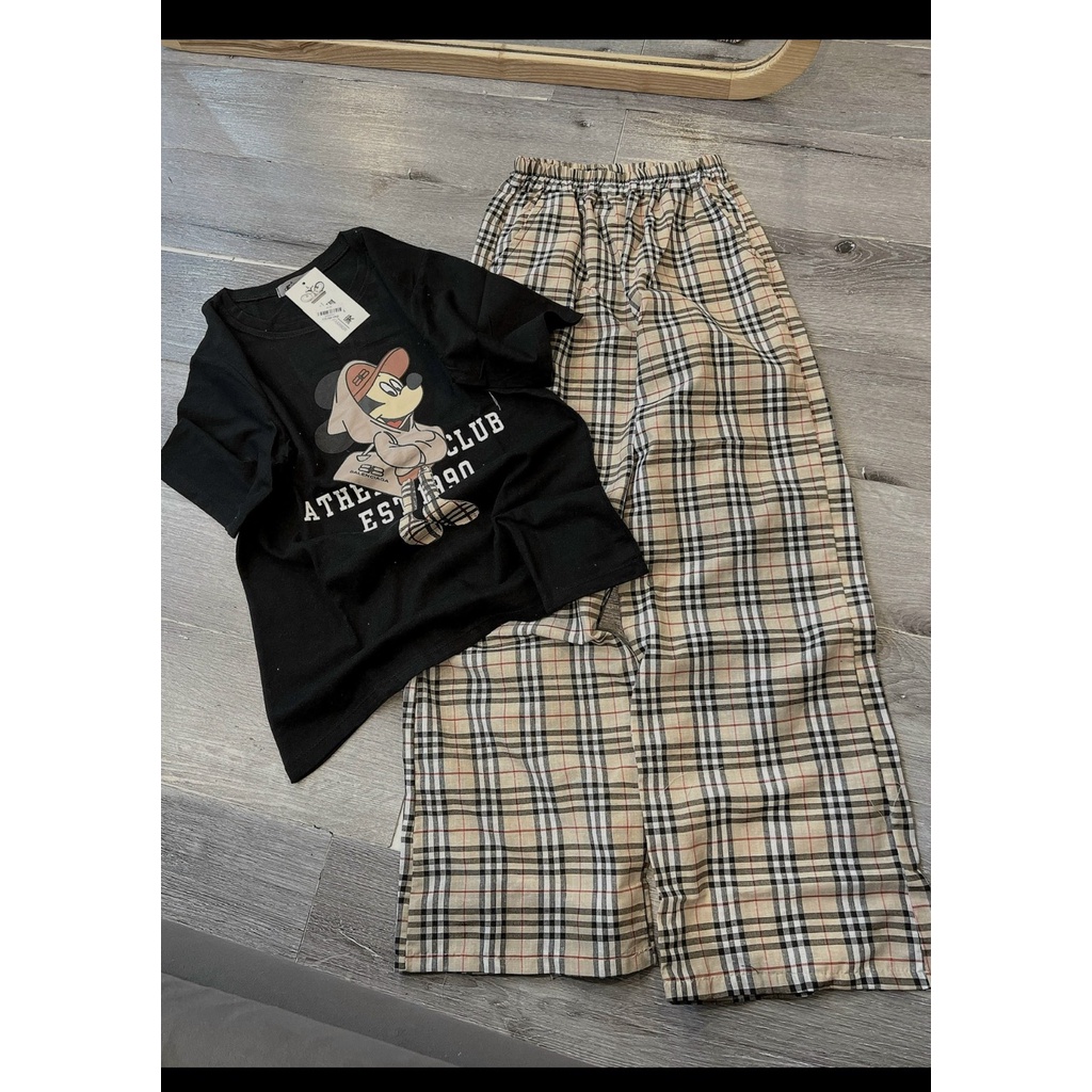 Set Tay Lỡ Ồng Rộng Unisex Bigsieze Mickey - Bộ Sớ Kẻ Ngắn Tay Cổ Tròn