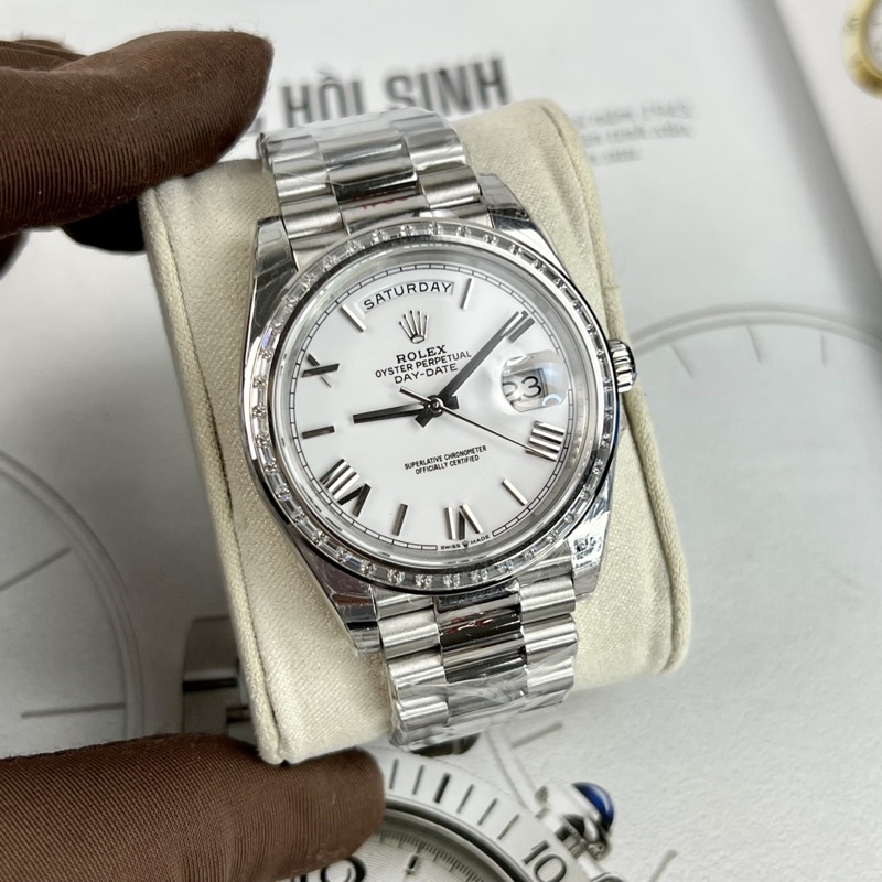 Đồng hồ nam Rolex Daydate size 41mm mặt trắng số la mã máy cơ Thuỵ Sỹ 3255