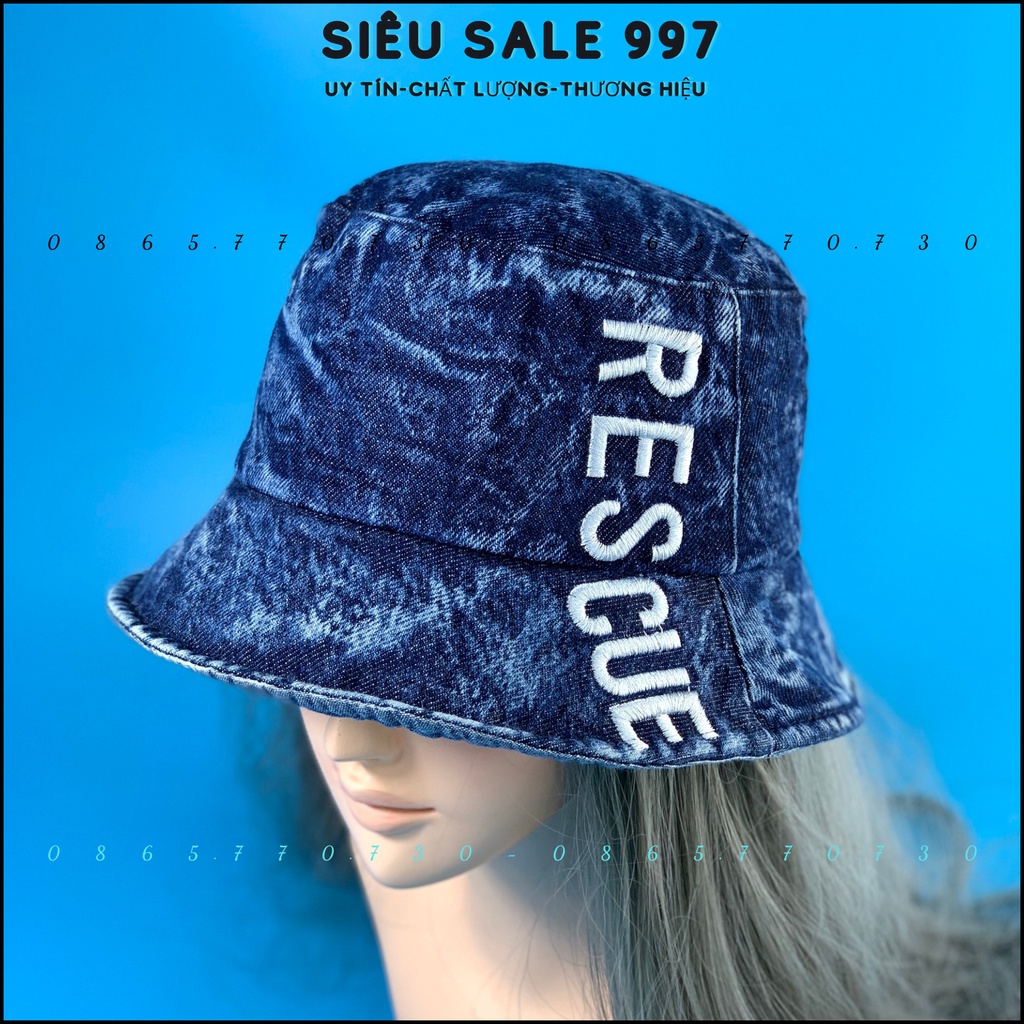 MŨ BUCKET RESCUE CHẤT JEAN THÊU CHỮ  DỌC THỜI TRANG HOT HIT NAM NỮ CAO CẤP