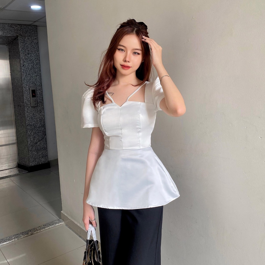 Áo kiểu Peplum thiết kế tay ngắn phồng dây chéo cổ V tiểu thư sang trọng Callene (L1670)