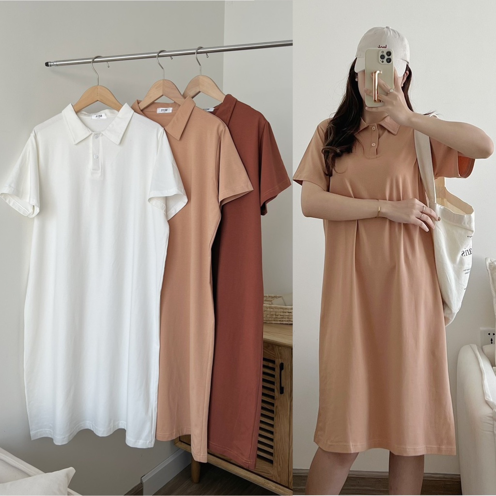 Váy Polo Nữ Dáng Suông Dài Cotton 4 Chiều - Đầm Cổ Polo Nữ Dáng Suông Dài Chất Vải Mát