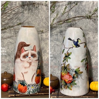 Bình gốm Bát Tràng cao cấp dáng chuông size to vẽ thủ công chú mèo 3D cắm đào, lê, mận, tuyết mai trang trí Tết