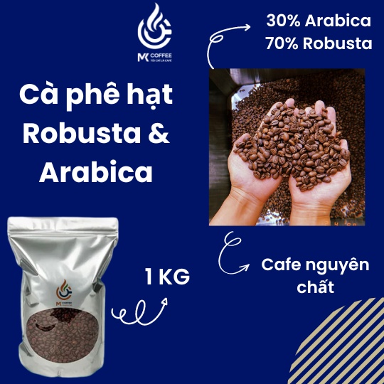 Cà phê HẠT nguyên chất, cà phê pha máy, cà phê pha phin, 30% hạt Arabica, 70% hạt Robusta rang mộc, bịch 1kg MK Coffee